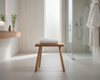 Taburete de baño de roble, taburete estilo spa de madera maciza, patas de castaño tallado, decoración natural para un interior zen.