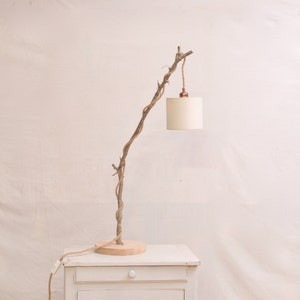 Unique natural wood lamp with a hanging bulb and braided jute flex image 1