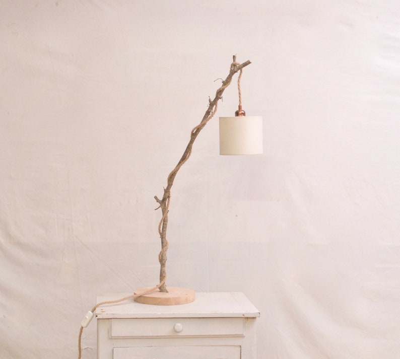 Unique natural wood lamp with a hanging bulb and braided jute flex image 1