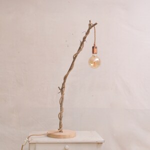 Unique natural wood lamp with a hanging bulb and braided jute flex image 5