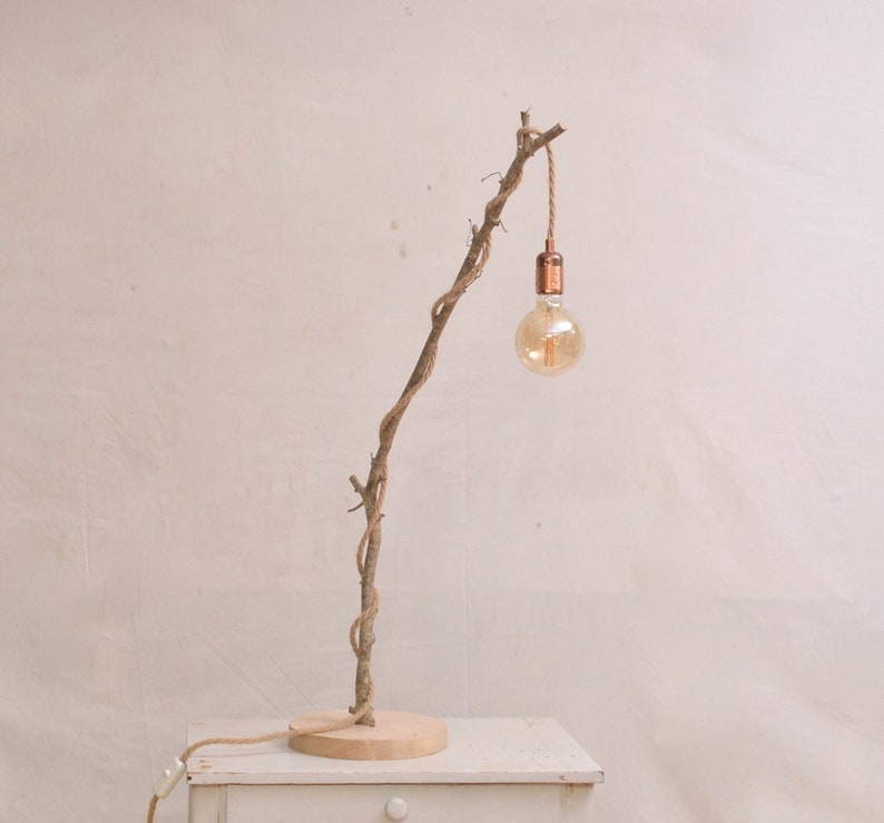 Unique natural wood lamp with a hanging bulb and braided jute flex image 5