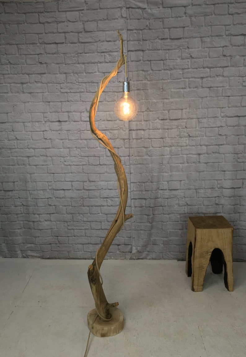 Weathered Twisted Branch Standing Lamp With Hanging Vintage Bulb