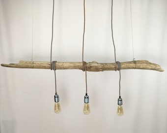 Driftwood chandelier with vintage bulb and cloth cable