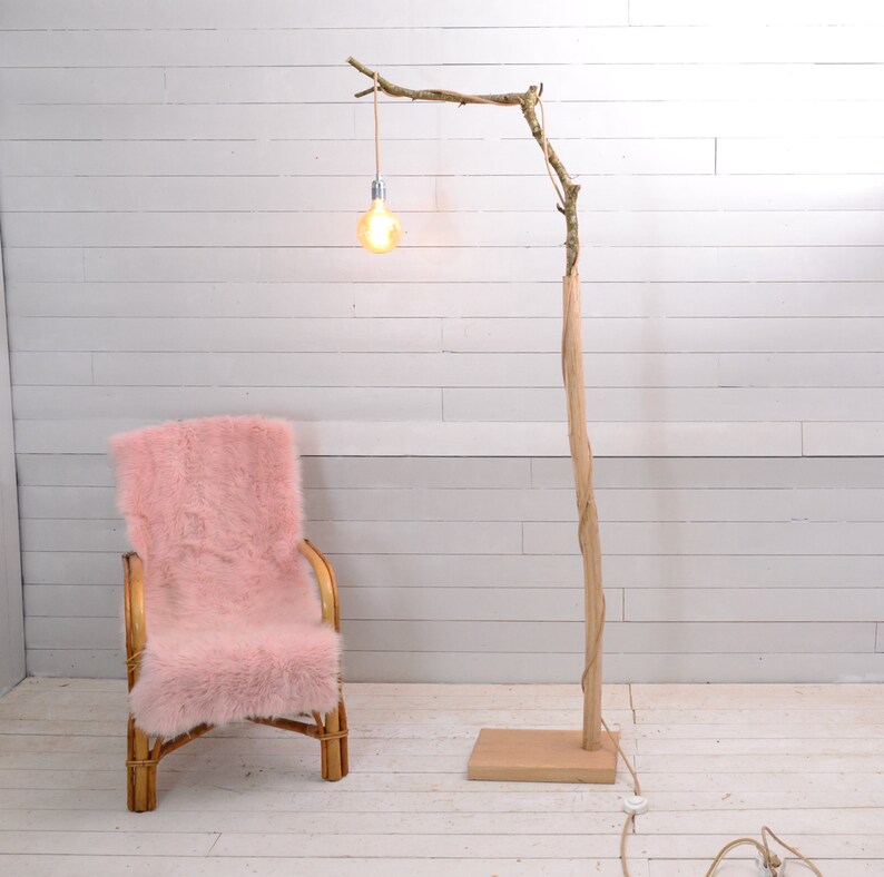 Boho Wooden Floor Lamp With a Hazel Branch Etsy