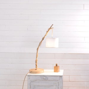 Wooden table lamp, bedside branch lamp with exposed cloth cord