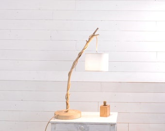 Wood table lamp, bedside branch lamp with exposed cloth cord