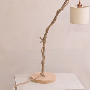Unique natural wood lamp with a hanging bulb and braided jute flex image 7