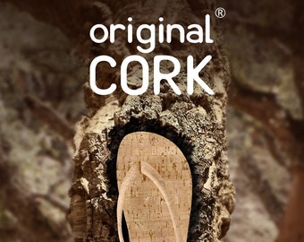 Cork flip flops and cotton logo bag with a unique cork lace