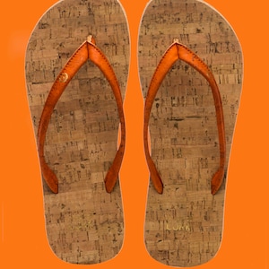 Cork flip flops and cotton logo bag with a unique cork lace Flame (orange)