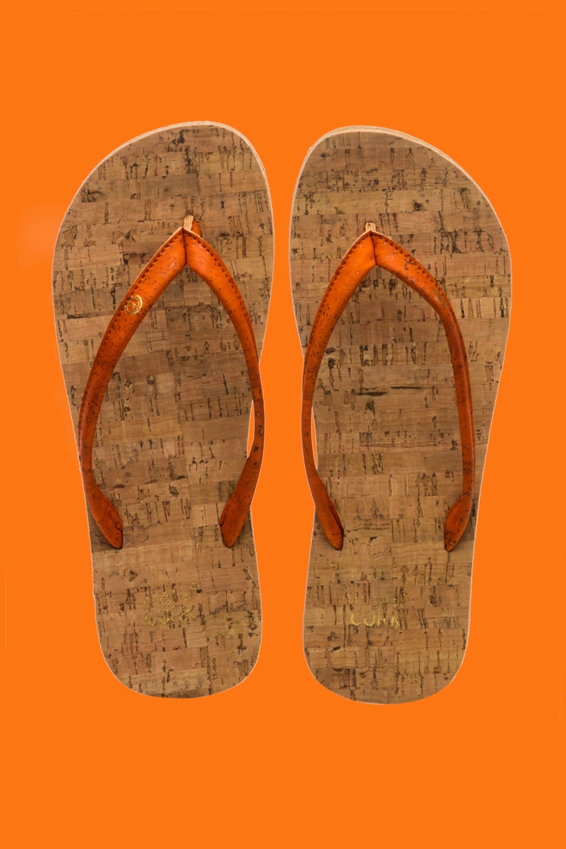 Cork flip flops and cotton logo bag with a unique cork lace Flame (orange)