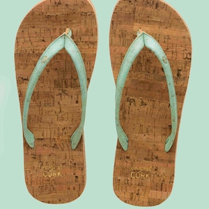 Cork flip flops and cotton logo bag with a unique cork lace Aqua (light green)