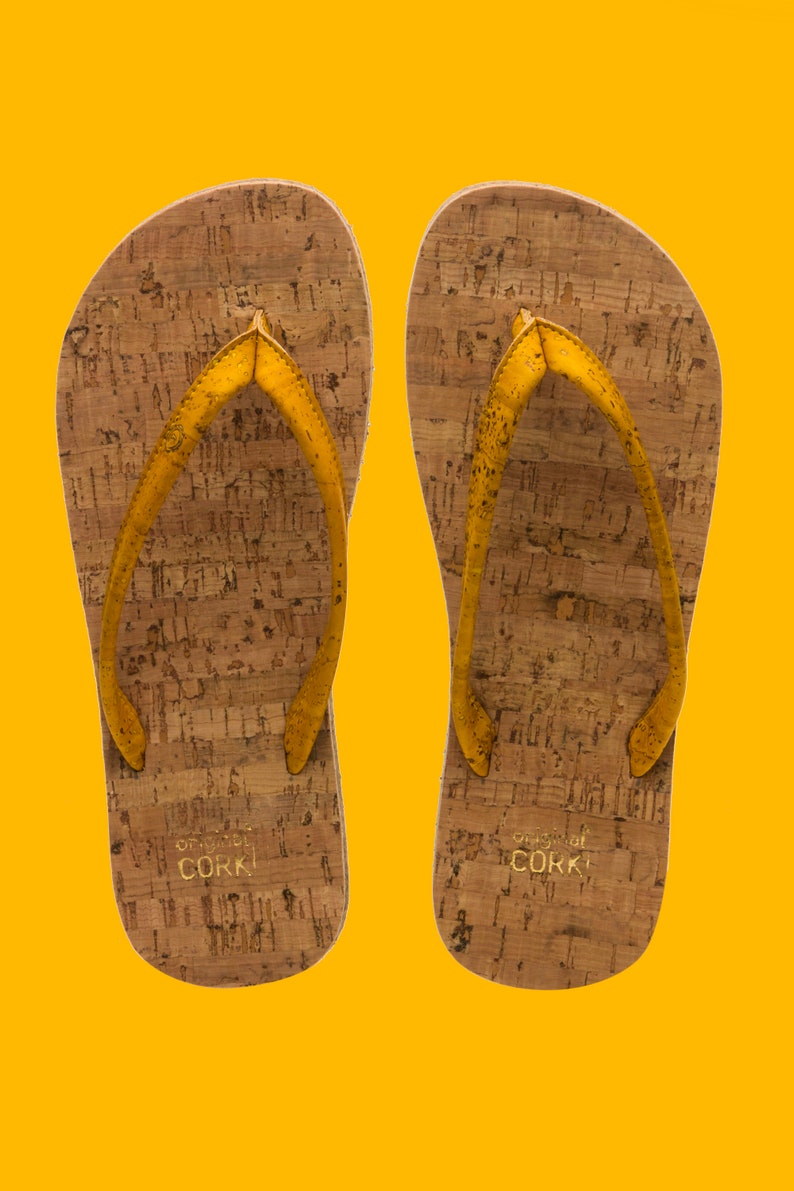 Cork flip flops and cotton logo bag with a unique cork lace Bumblebees (yellow)