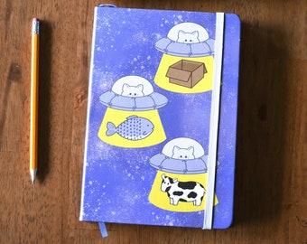 Hardcover notebook with UFO cat design and holo foil edge -- hardcover notebook -- dot grid pages -- cat