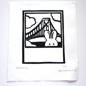 Sightseeing rabbit linoblock print block print linocut rabbit bridge image 2