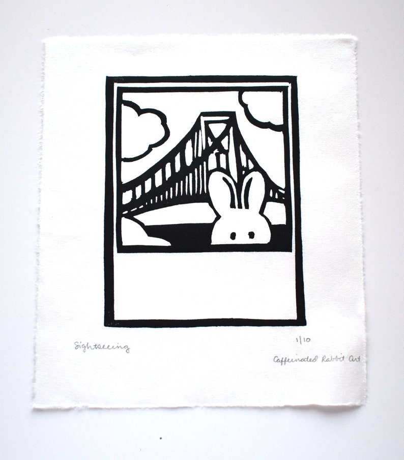 Sightseeing rabbit linoblock print block print linocut rabbit bridge image 2