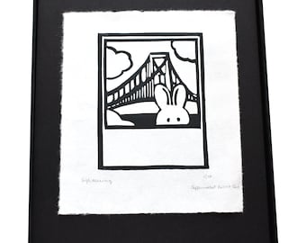 Sightseeing rabbit linoblock print -- block print -- linocut -- rabbit -- bridge