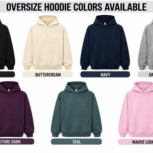 a collection of oversized hoodie colors available, including black, beige, navy, grey, teal, and mauve.