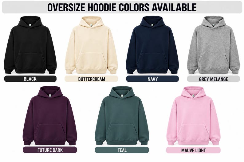 a collection of oversized hoodie colors available, including black, beige, navy, grey, teal, and mauve.