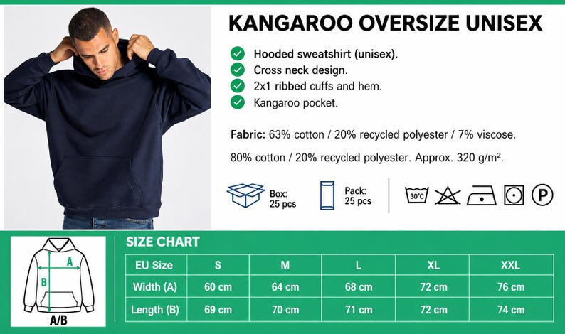 The image is a size chart for a kangaroo oversized unisex hooded sweatshirt. It includes a photograph of a man wearing the sweatshirt and provides a table with the corresponding measurements and corresponding sizes.