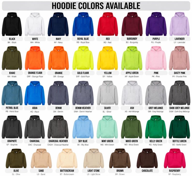 a variety of colorful hoodies available in different colors, including black, white, navy, royal blue, red, burgundy, purple, lavender, pink, orange, yellow, green, gold, lime green, pink, dusky pink, and purple.