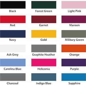 a grid of 16 different color swatches, each representing a different color, including white, dark brown, forest green, light blue, pink, maroon, red, garnet, maroon, navy, gold, military green, ash grey, graphite heather, orange, ash grey, graphite heather, orange, purple, charcoal, heliconia, purple, indigo blue, and sapphire.