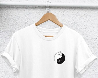 Cute Cat Shirt, Yin Yang Pocket Design, Rolled Sleeve Tee - Unisex Sizes (Semi Combed Ringspun Cotton)