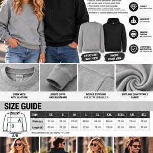 The image is a collage of various images showcasing different styles of sweatshirts and hoodies, along with their corresponding sizes and measurements.