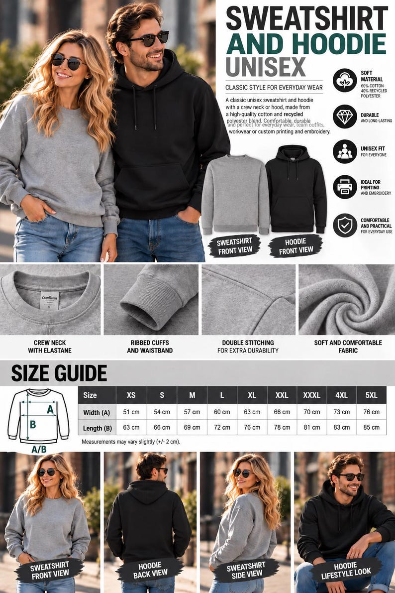 The image is a collage of various images showcasing different styles of sweatshirts and hoodies, along with their corresponding sizes and measurements.
