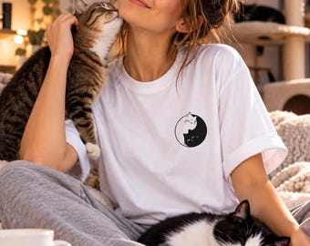 Cute Cat Shirt, Yin Yang Pocket Design, Rolled Sleeve Tee - Unisex Sizes (Semi Combed Ringspun Cotton)