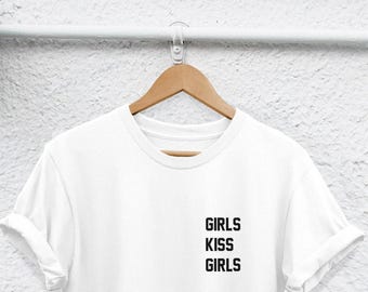 Girls Kiss Design, Lesbian Pride T-Shirt - Unisex S-XXL, Semi Combed Cotton, Rolled Sleeves
