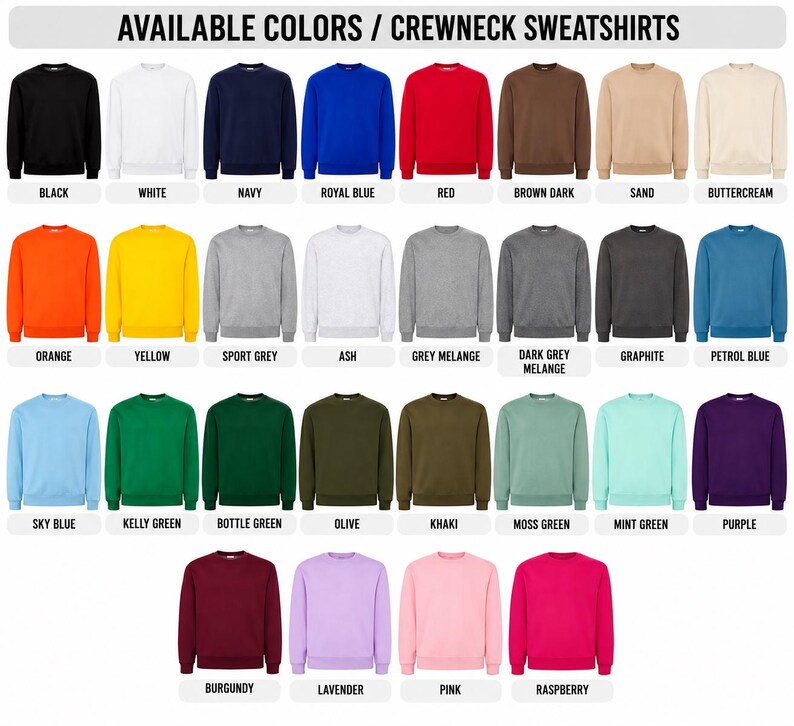 a chart of different colors of crew neck sweatshirts