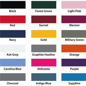 a grid of 16 different color swatches, each representing a different color, including white, dark brown, forest green, light blue, pink, maroon, red, garnet, maroon, navy, gold, military green, ash grey, graphite heather, orange, ash grey, graphite heather, orange, purple, charcoal, heliconia, purple, indigo blue, and sapphire.