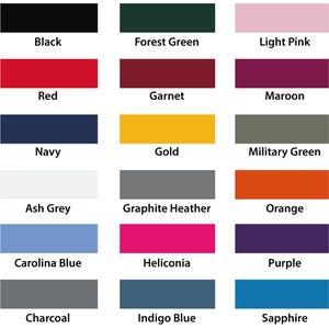a grid of 16 different color swatches, each representing a different color, including white, dark brown, forest green, light blue, pink, maroon, red, garnet, maroon, navy, gold, military green, ash grey, graphite heather, orange, ash grey, graphite heather, orange, purple, charcoal, heliconia, purple, indigo blue, and sapphire.