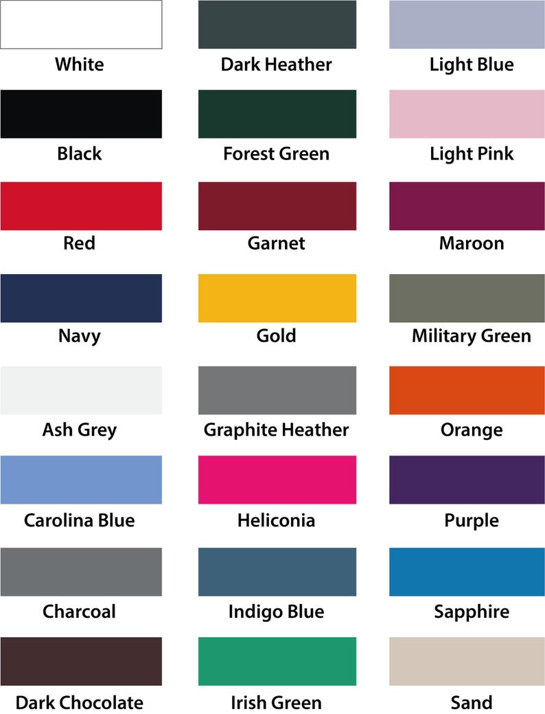 a grid of 16 different color swatches, each representing a different color, including white, dark brown, forest green, light blue, pink, maroon, red, garnet, maroon, navy, gold, military green, ash grey, graphite heather, orange, ash grey, graphite heather, orange, purple, charcoal, heliconia, purple, indigo blue, and sapphire.