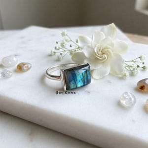 Natural Labradorite Blue Iridescence Sterling Silver Rectangular Ring Aura Protecter Transformation Crystal Calming Blue Chatoyant Gem