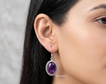 Natural Amethyst Sterling Silver Earrings, Oval Lavender Quartz Danglers