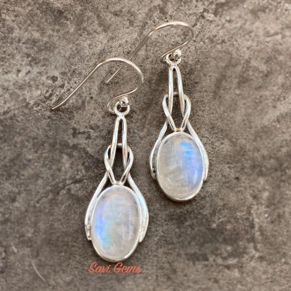 Natural Rainbow Moonstone 925 Sterling Silver Celtic Earring Blue Flash High Quality Moonstone Blue Iridescence Gemstone June Birthstone