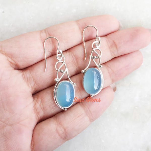 Blue Chalcedony 925 Sterling Silver Earrings, Handmade Onyx Jewelry Natural Celtic Style Earrings Communication Stone Throat Chakra Healer