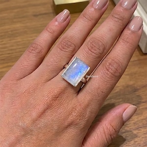 Natural Rainbow Moonstone Sterling Silver Rectangular Ring June Birthstone Lunar Energy Crystal