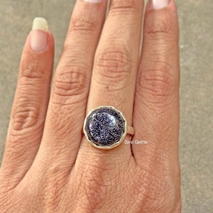 Goldstone Ring, Galaxy Ring Blue Goldstone Ring, Starry Night, Round Ring, 925 Sterling Silver Ring, Twinkly Ring Shimmer Ring Solid Setting