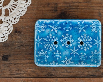 Blue Ceramic Soap Dish | Soap Holder | Pottery Soap Dish | Bathroom Decor | Home Gift | Snowflakes Pattern