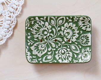 Green Ceramic Soap Dish | Soap Holder | Pottery Soap Dish | Bathroom Decor | Home Gift | Floral Pattern