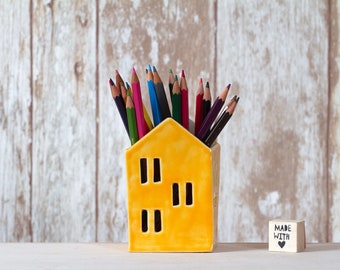 Ceramic house | Pencil Holder | Candle Holder | Tealight house | Back to school