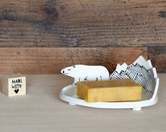 Ceramic Soap Dish | Bathroom Decor | Soap Holder | Home Gift | Spoon Rest | Polar Bear | Black and White