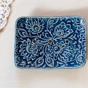 Blue Ceramic Soap Dish | Soap Holder | Pottery Soap Dish | Bathroom Decor | Home Gift | Floral Pattern