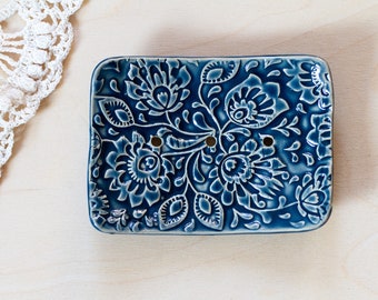 Blue Ceramic Soap Dish | Soap Holder | Pottery Soap Dish | Bathroom Decor | Home Gift | Floral Pattern