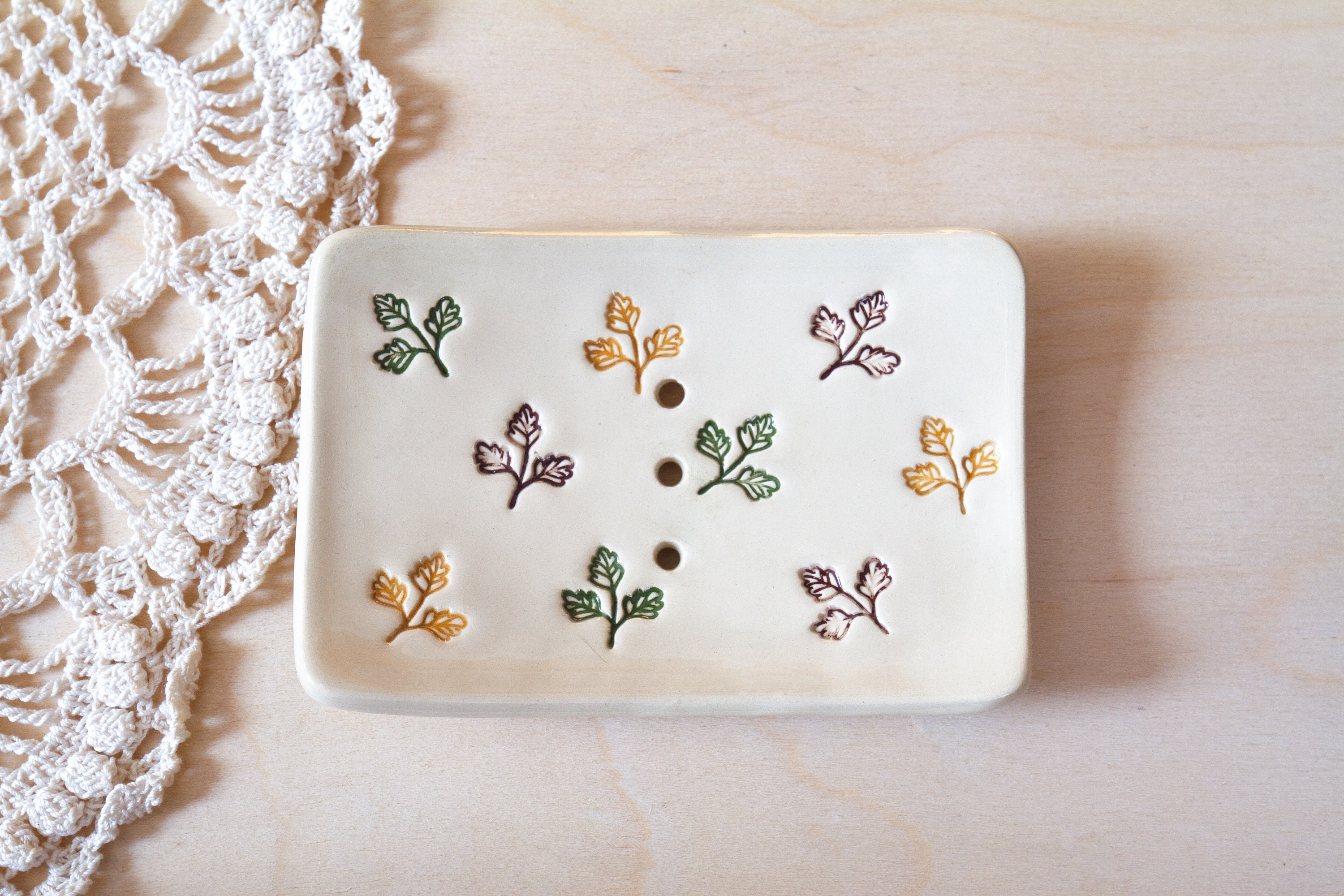 Porte-Savon en Céramique | Salle de Bain Décor Porte-Savon Accueil Cadeaux Feuilles Colorées