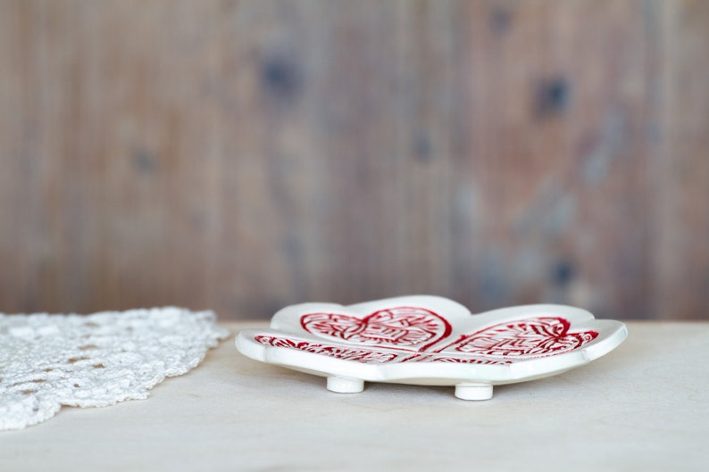 Blue Ceramic Soap Dish Soap Holder Pottery Soap Dish Bathroom Decor Retro Style Heart Four-leaf Clover image 3