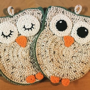 PREORDER Crocheted Owl Potholders, hotpads hibou, décor de cuisine au crochet, décor de hibou, cottagecore, décor boho One of Each