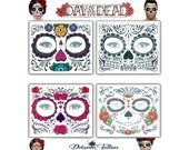 Day of the Dead Sugar Skull Mask Face Temporary Tattoo Sets - 4 Designs - Mexican Halloween Fancy Dress Party Festival Mens Womens Kids